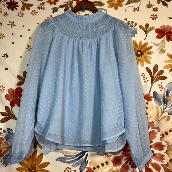 LOFT Tops - LOFT L Powder Light Blue Swiss Dot Sheer Sleeve Office Blouse Spring Summer City